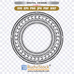 Black and white Polynesian Tribal Circle SVG design for laser engraving and Cricut cutting, shown on a wood background.