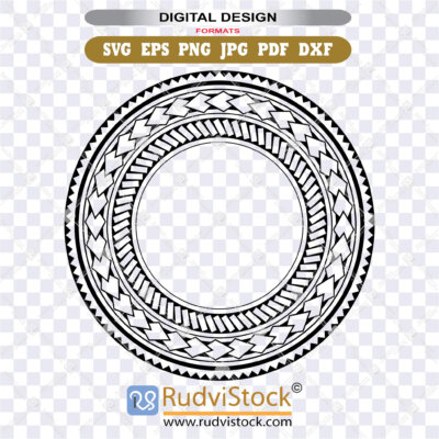 Black and white Polynesian Tribal Circle SVG design for laser engraving and Cricut cutting, shown on a wood background.