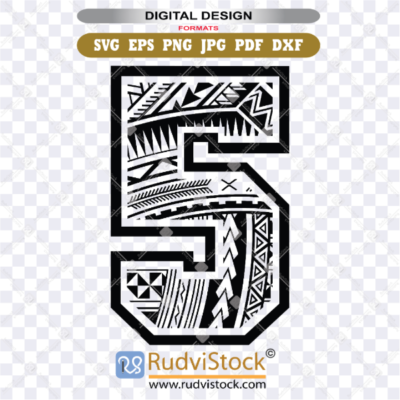 Number Five Polynesian Tribal Tattoo Design in Multiple SVG, PNG, JPG Formats Available for Instant Download