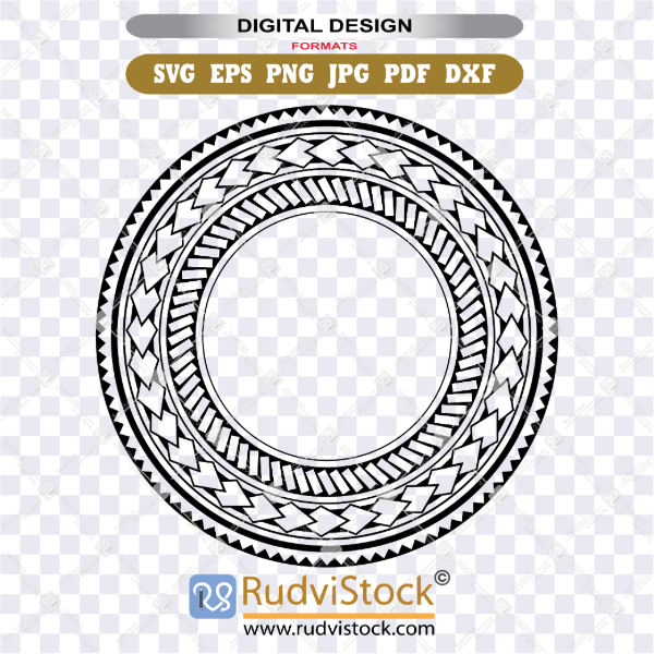 Black and white Polynesian Tribal Circle SVG design for laser engraving and Cricut cutting, shown on a wood background.